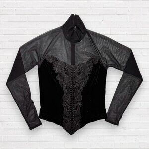 CACHE Vintage Y2K Feminine Black Sheer Mesh Velvet Lace Mock Neck Top Blouse S